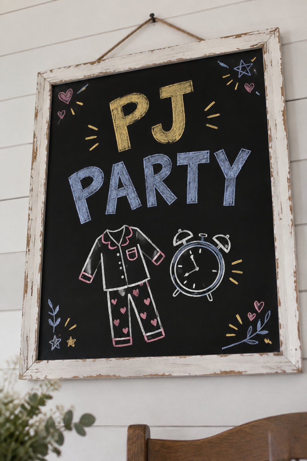 Pajama Countdown: a hand-drawn newyear chalkboard sign reading "PJ PARTY".