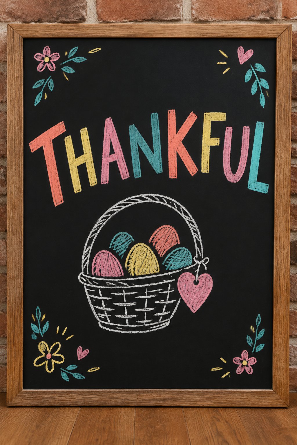 Thankful Basket: a hand-drawn spring chalkboard sign reading "THANKFUL".