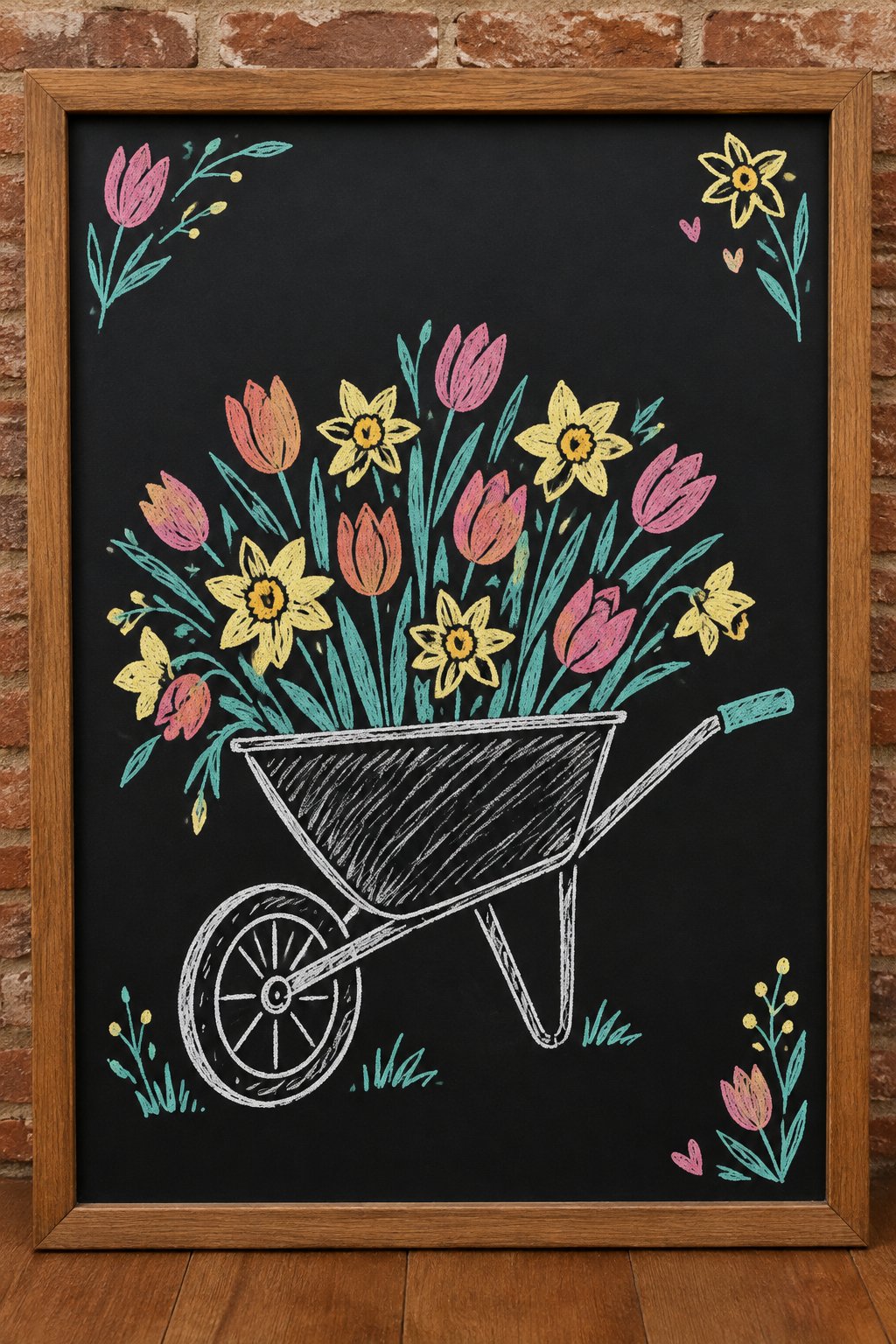 Wheelbarrow of Blooms: a hand-drawn spring chalkboard sign drawn without words, a wheelbarrow overflowing with tulips and daffodils.