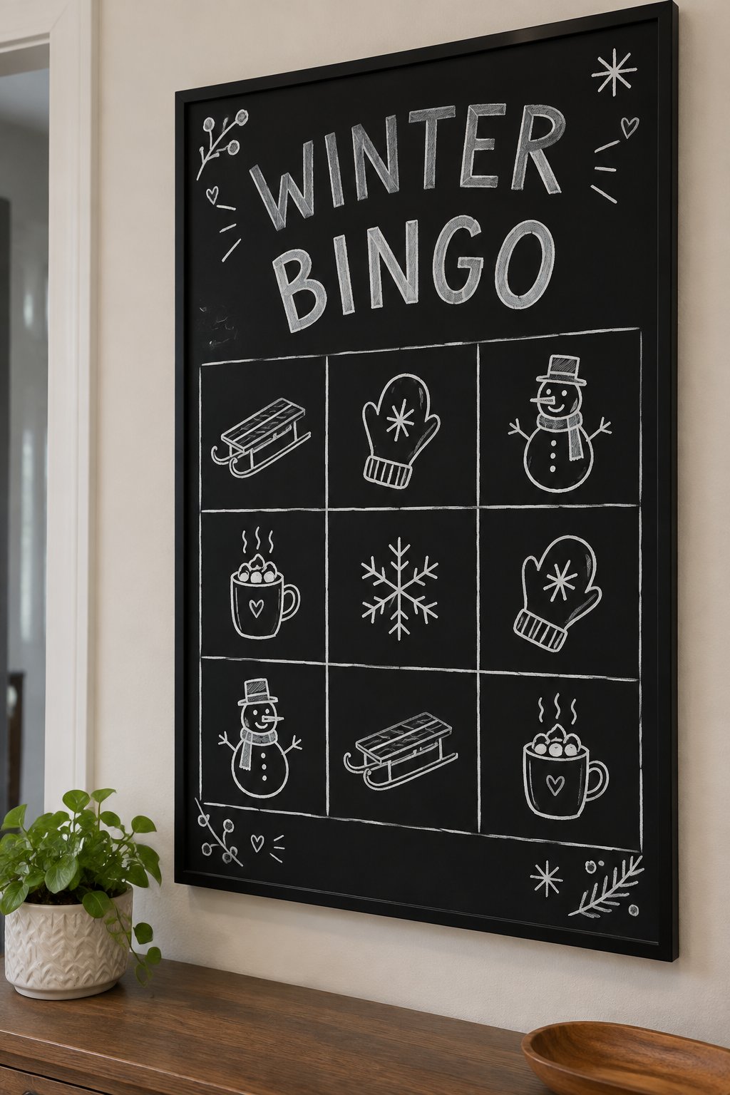 Winter Bingo Board: a hand-drawn winter chalkboard sign reading "WINTER BINGO".