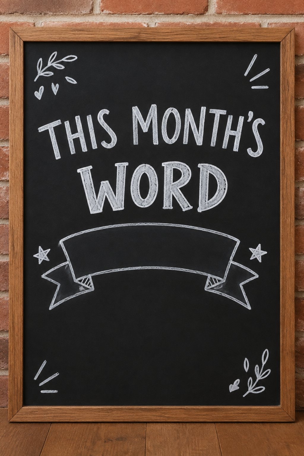 Word of the Month: a hand-drawn winter chalkboard sign reading "THIS MONTH'S WORD".