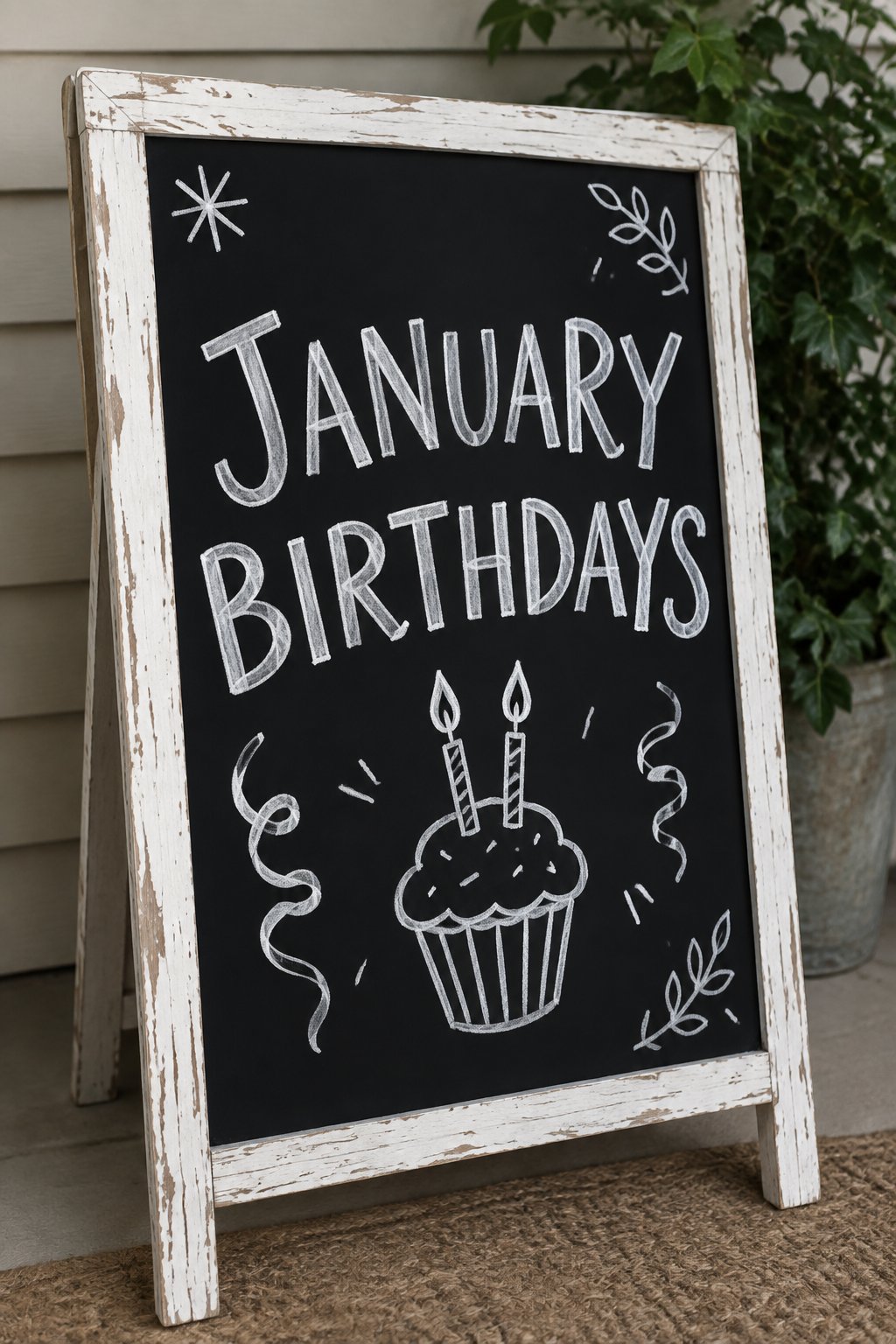 Birthday Board: a hand-drawn winter chalkboard sign reading "JANUARY BIRTHDAYS".