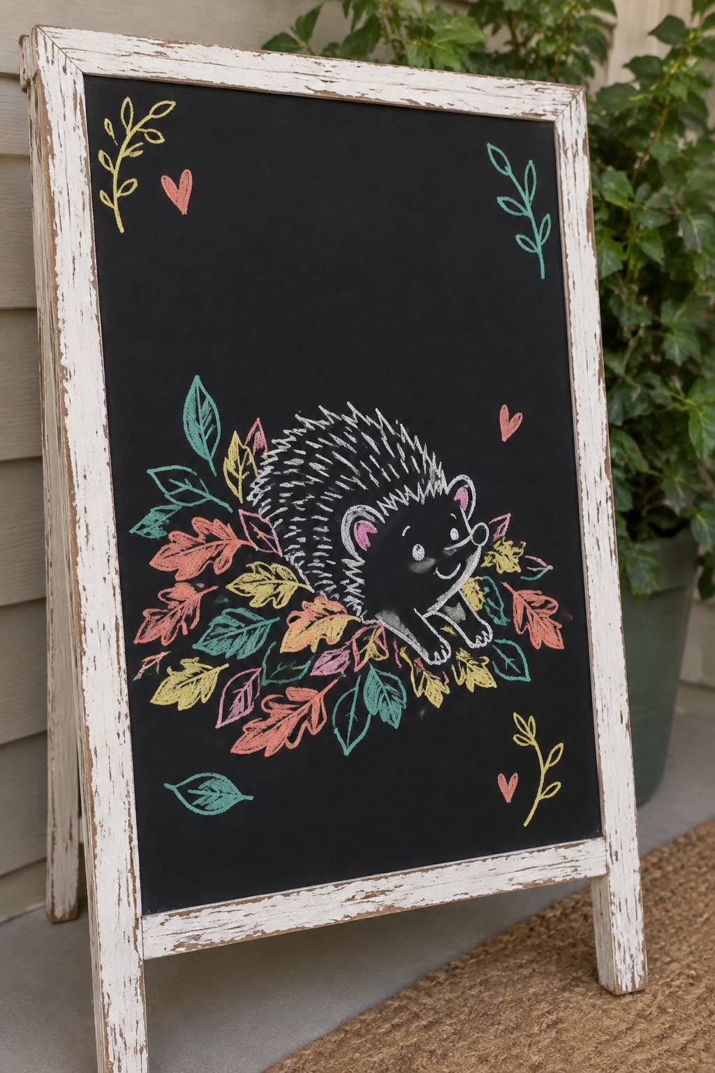 Hedgehog Wake-Up: a hand-drawn spring chalkboard sign drawn without words, a hedgehog stretching out of a pile of leaves.