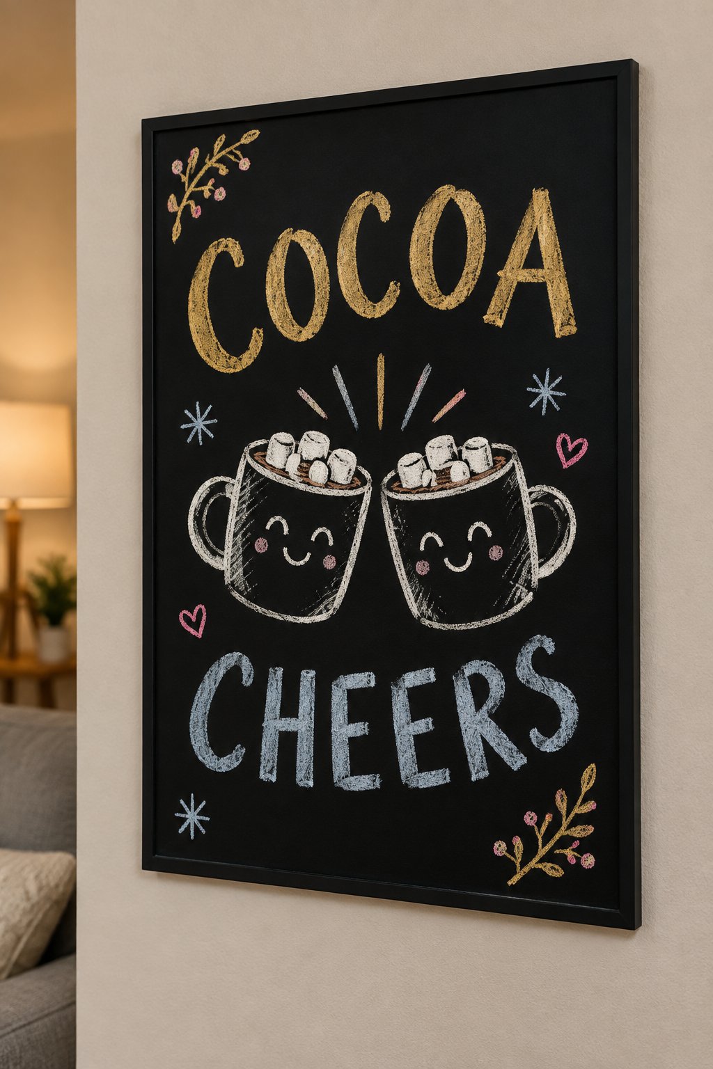 Hot Cocoa Toast: a hand-drawn newyear chalkboard sign reading "COCOA CHEERS".