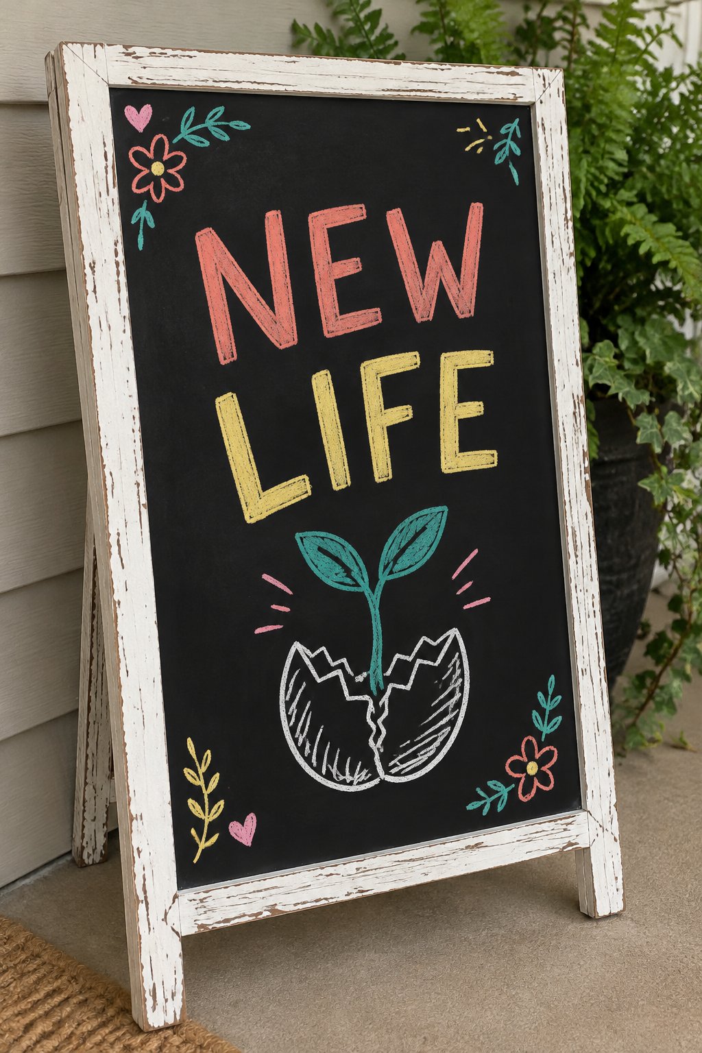New Life: a hand-drawn spring chalkboard sign reading "NEW LIFE".