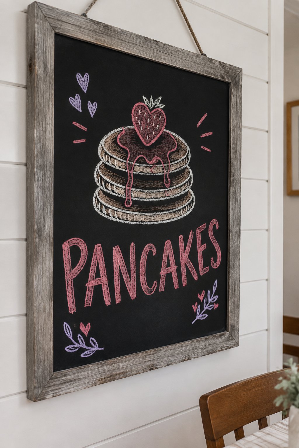 Pink Pancakes: a hand-drawn valentines chalkboard sign reading "PANCAKES".