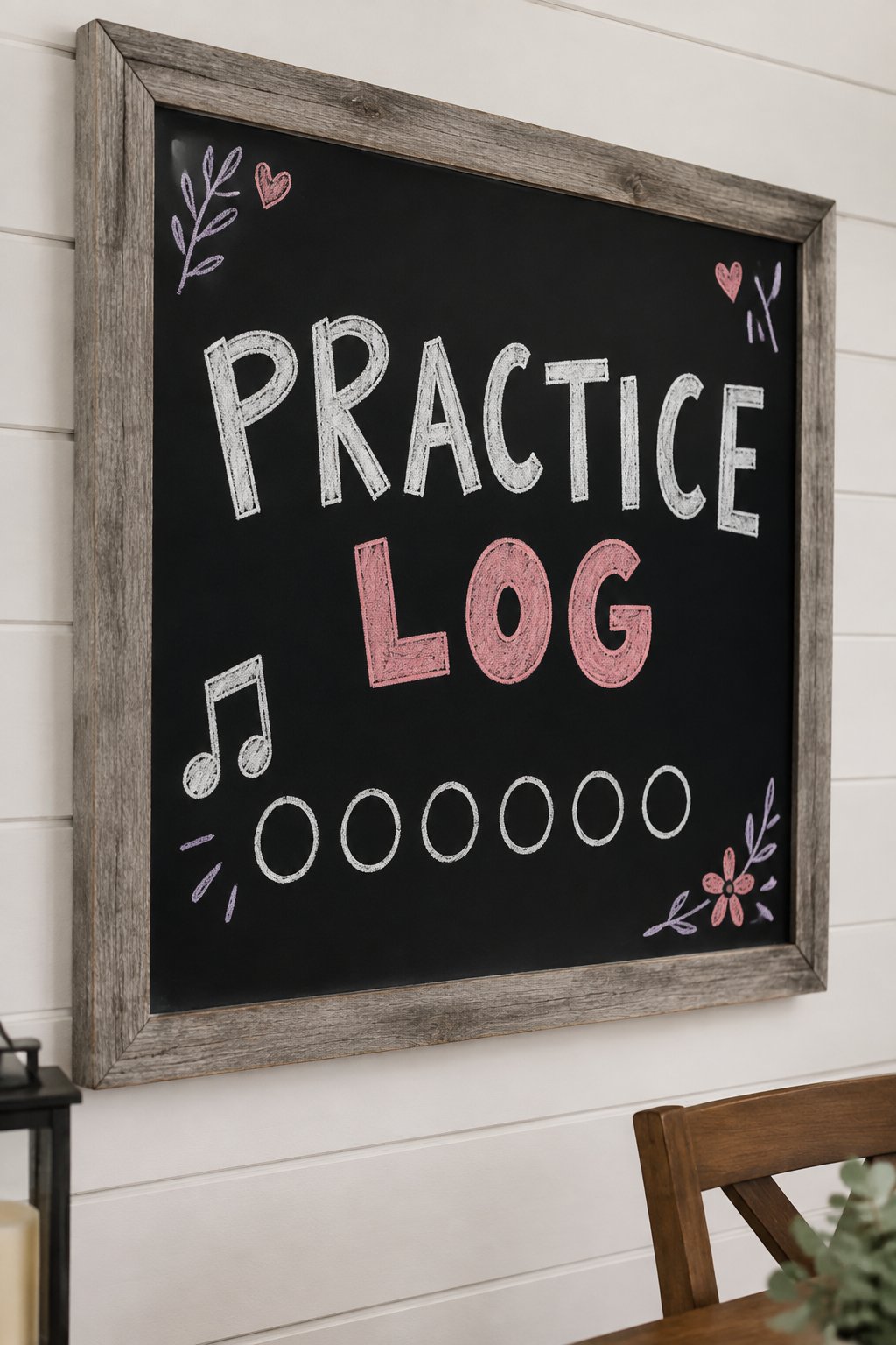 Practice Log: a hand-drawn valentines chalkboard sign reading "PRACTICE LOG".