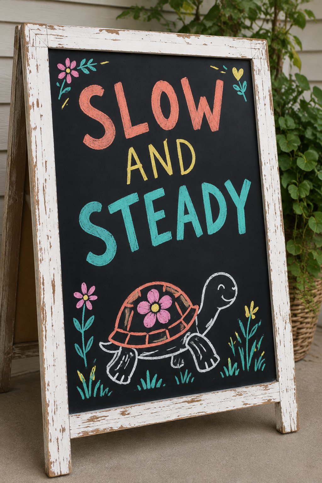 Slow and Steady: a hand-drawn spring chalkboard sign reading "SLOW AND STEADY".