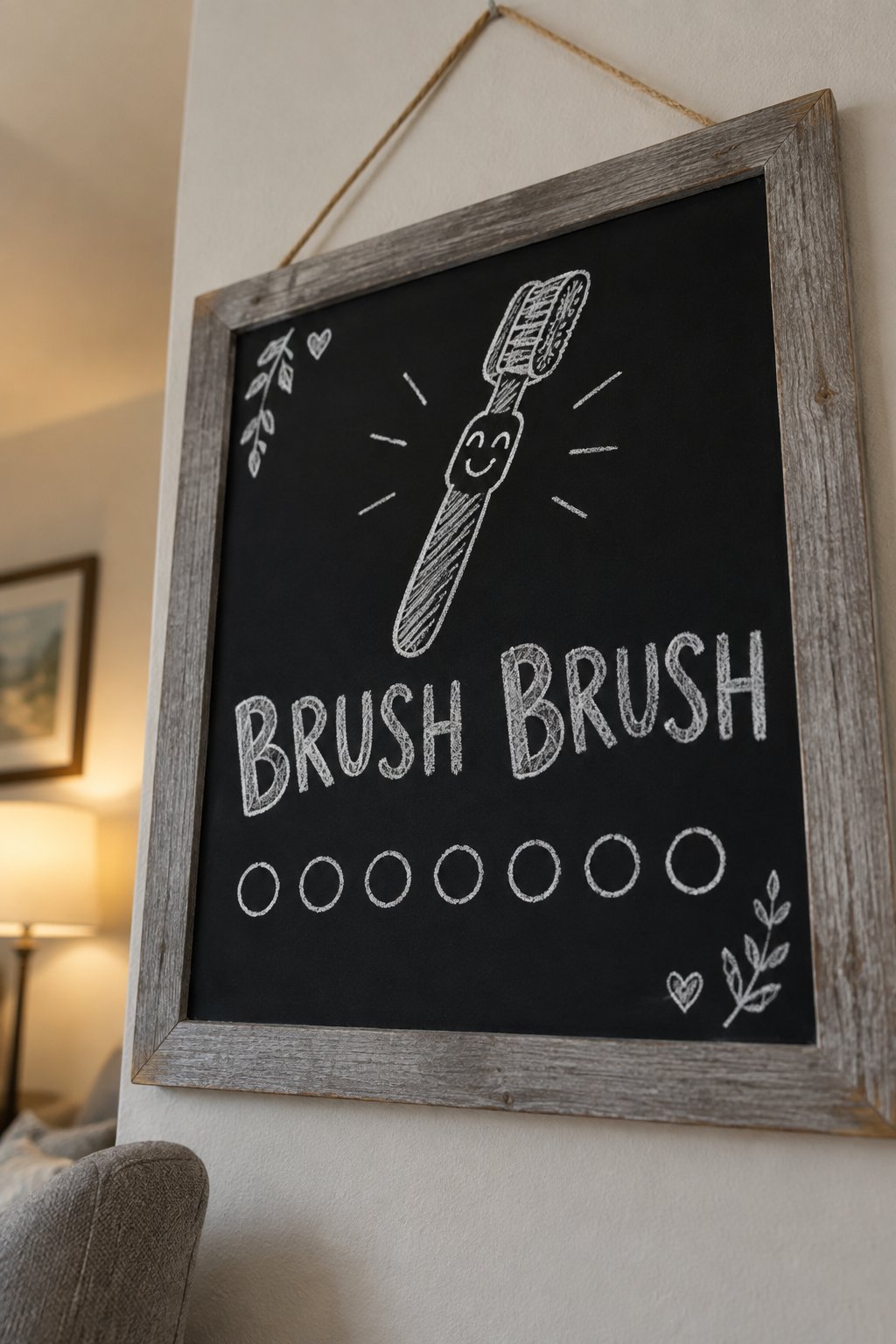 Teeth Brushing Chart: a hand-drawn winter chalkboard sign reading "BRUSH BRUSH".