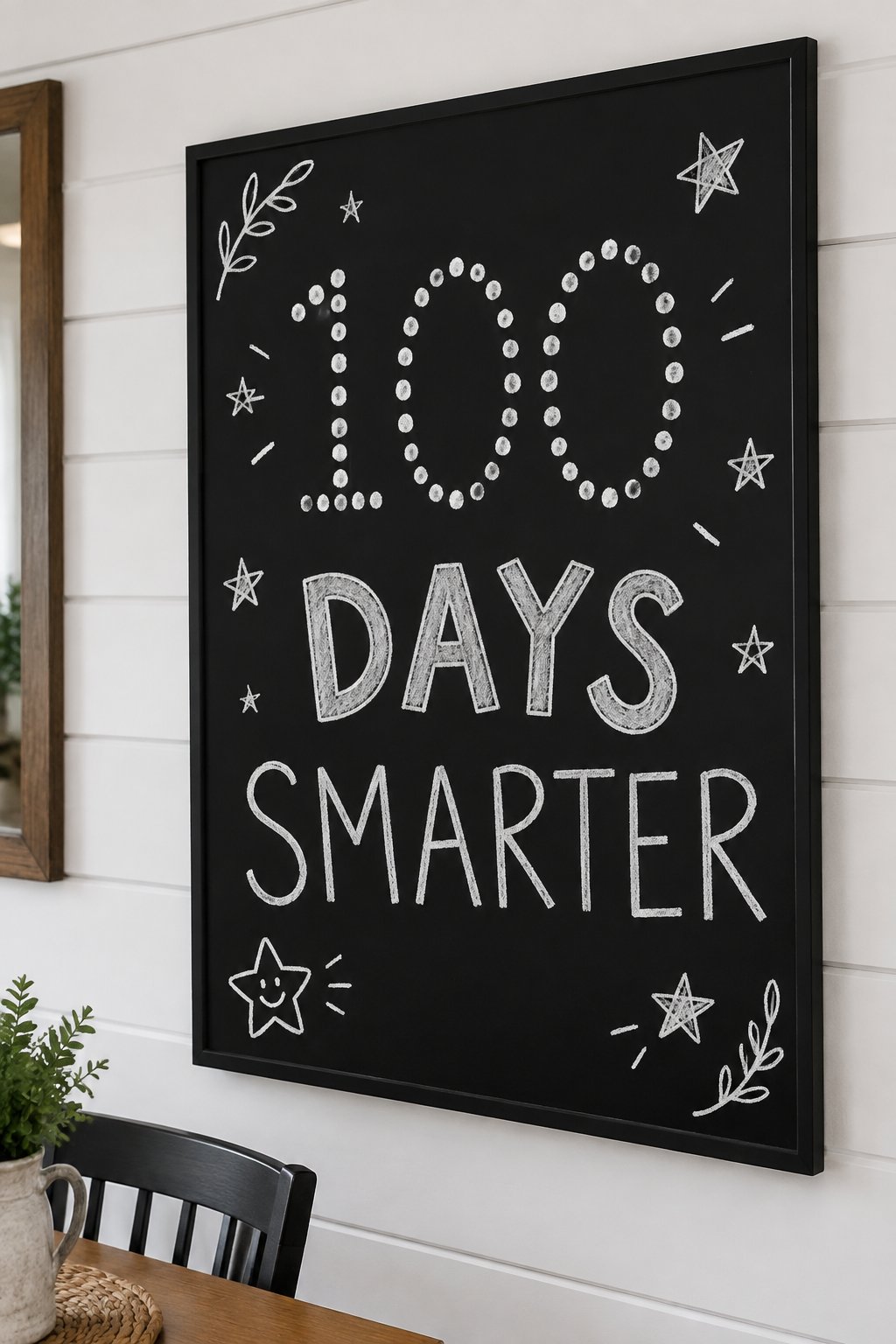 100 Days of School: a hand-drawn winter chalkboard sign reading "100 DAYS SMARTER".