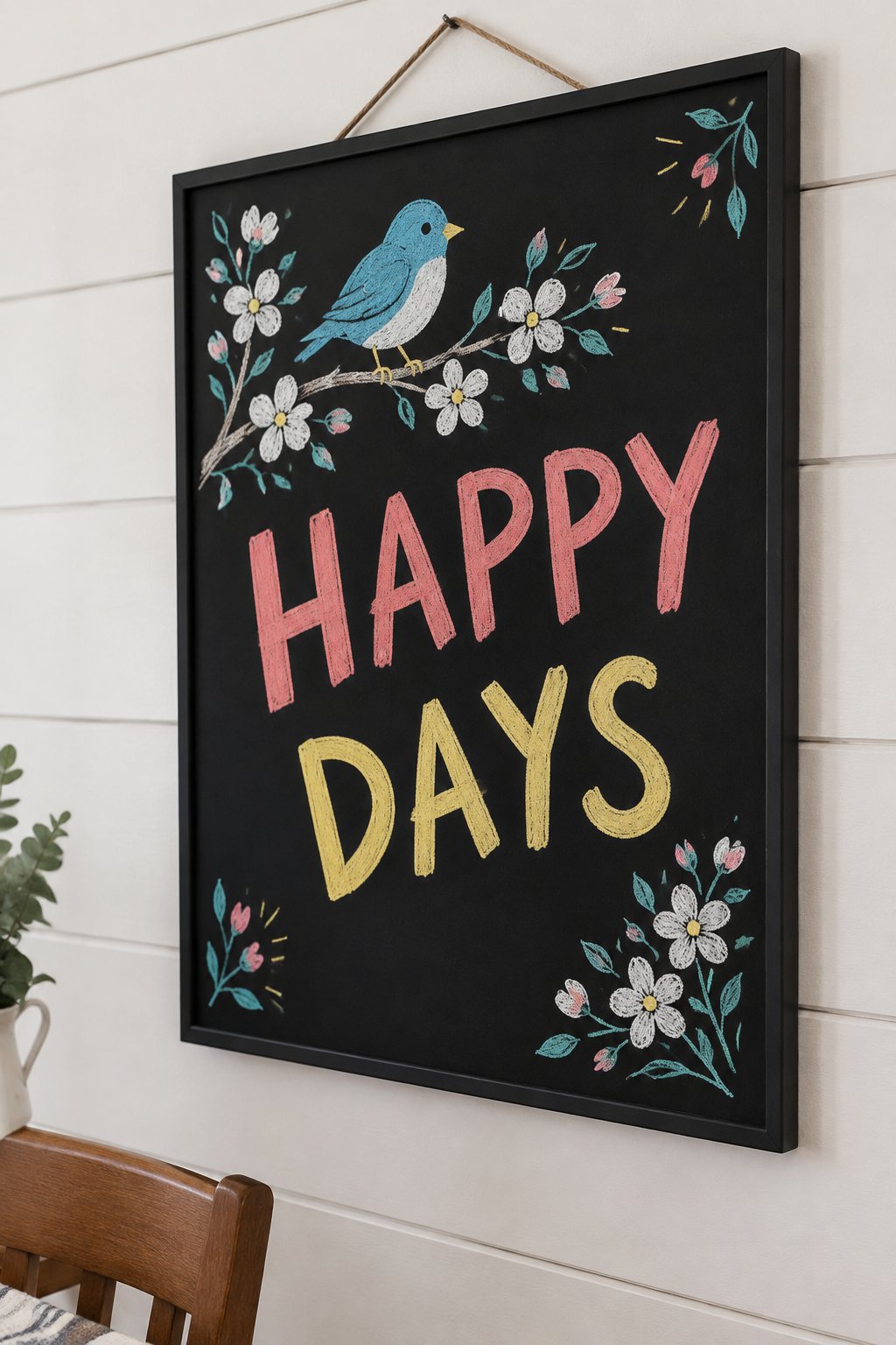 Bluebird Branch: a hand-drawn spring chalkboard sign reading "HAPPY DAYS".