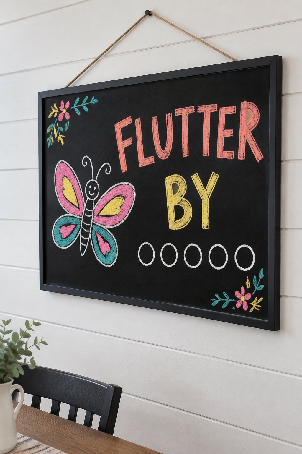 Butterfly Chart: a hand-drawn spring chalkboard sign reading "FLUTTER BY".