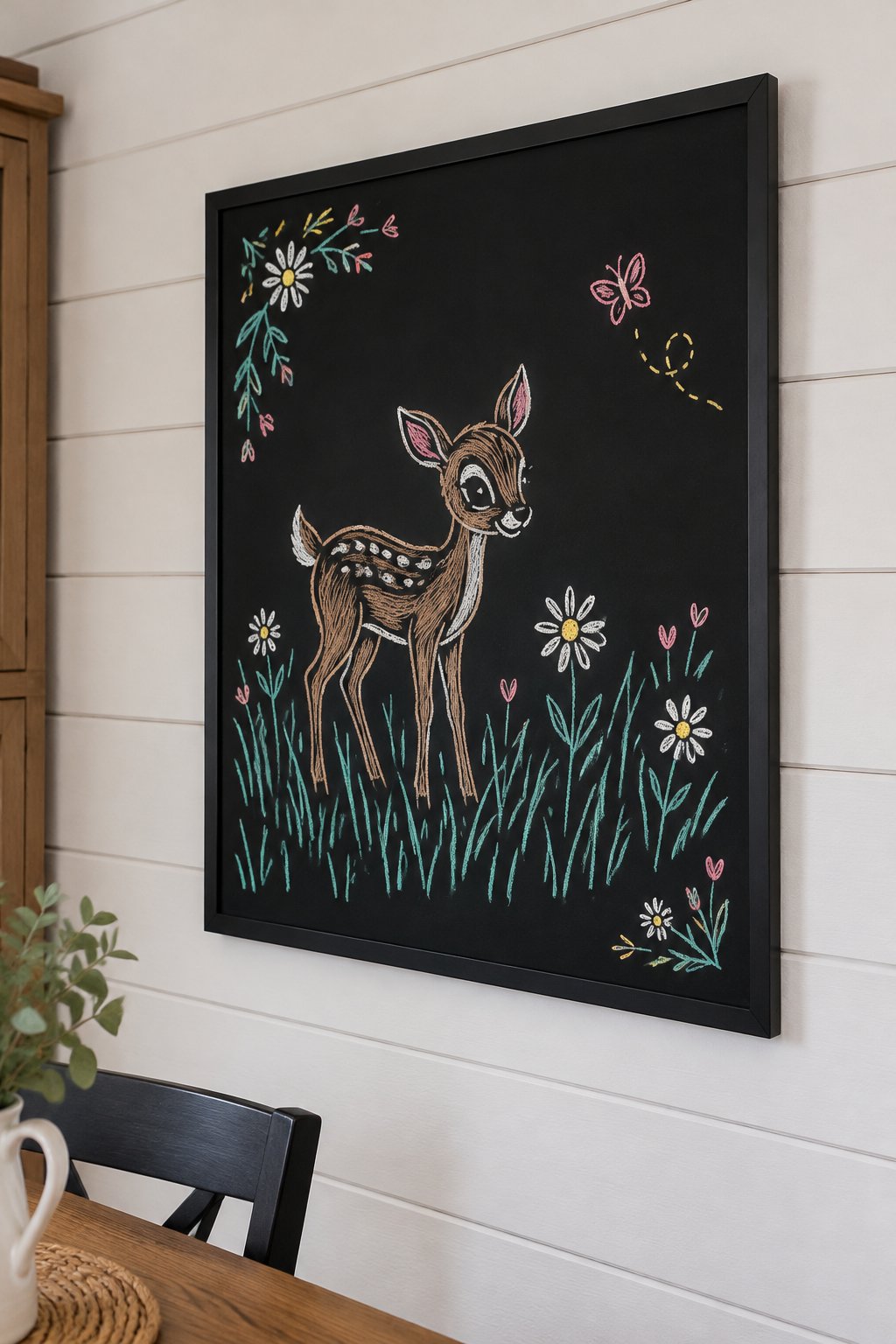 Fawn in the Meadow: a hand-drawn spring chalkboard sign drawn without words, a spotted fawn standing in tall grass with daisies.