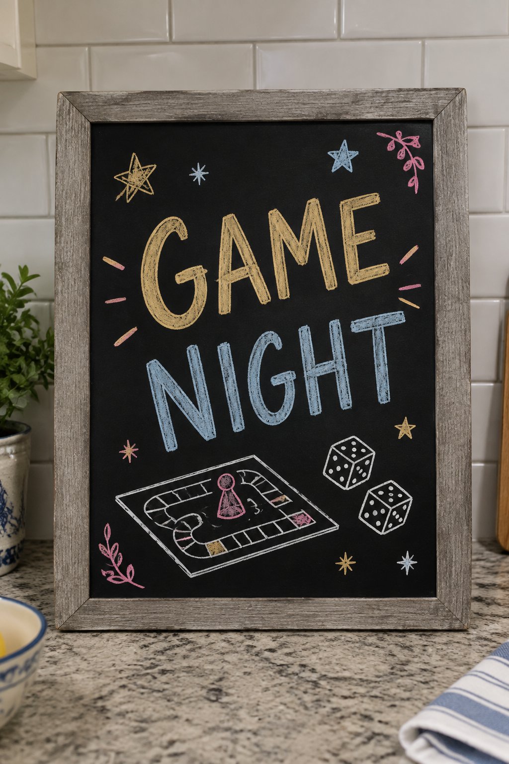 Game Night: a hand-drawn newyear chalkboard sign reading "GAME NIGHT".