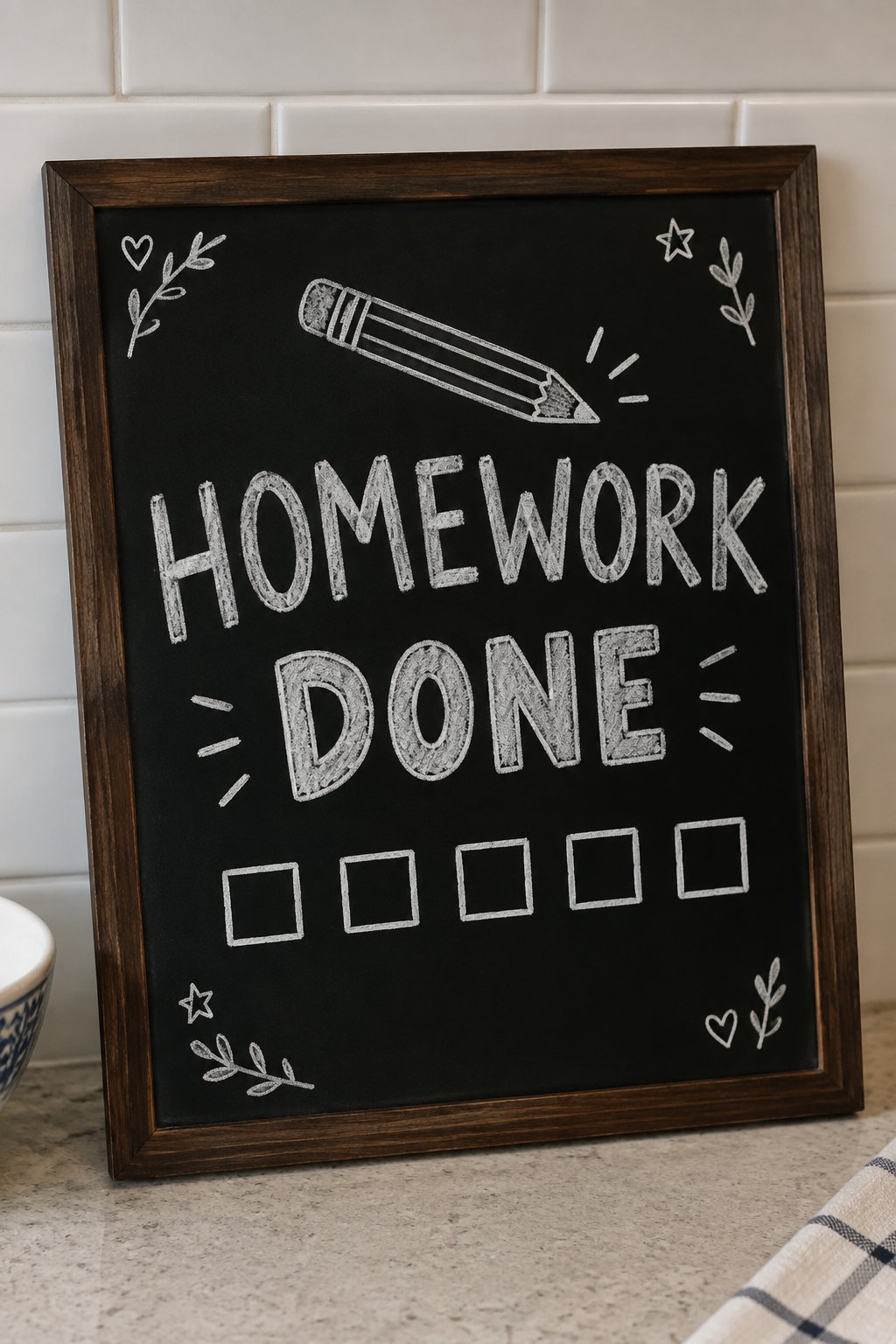 Homework Done: a hand-drawn winter chalkboard sign reading "HOMEWORK DONE".