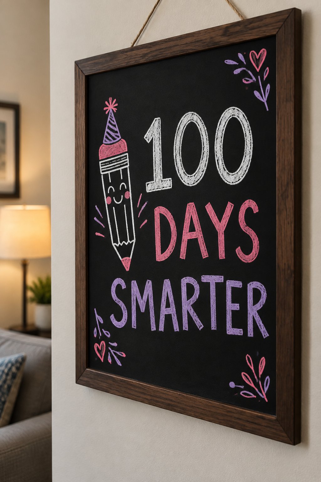 Hundred Days Smarter: a hand-drawn valentines chalkboard sign reading "100 DAYS SMARTER".