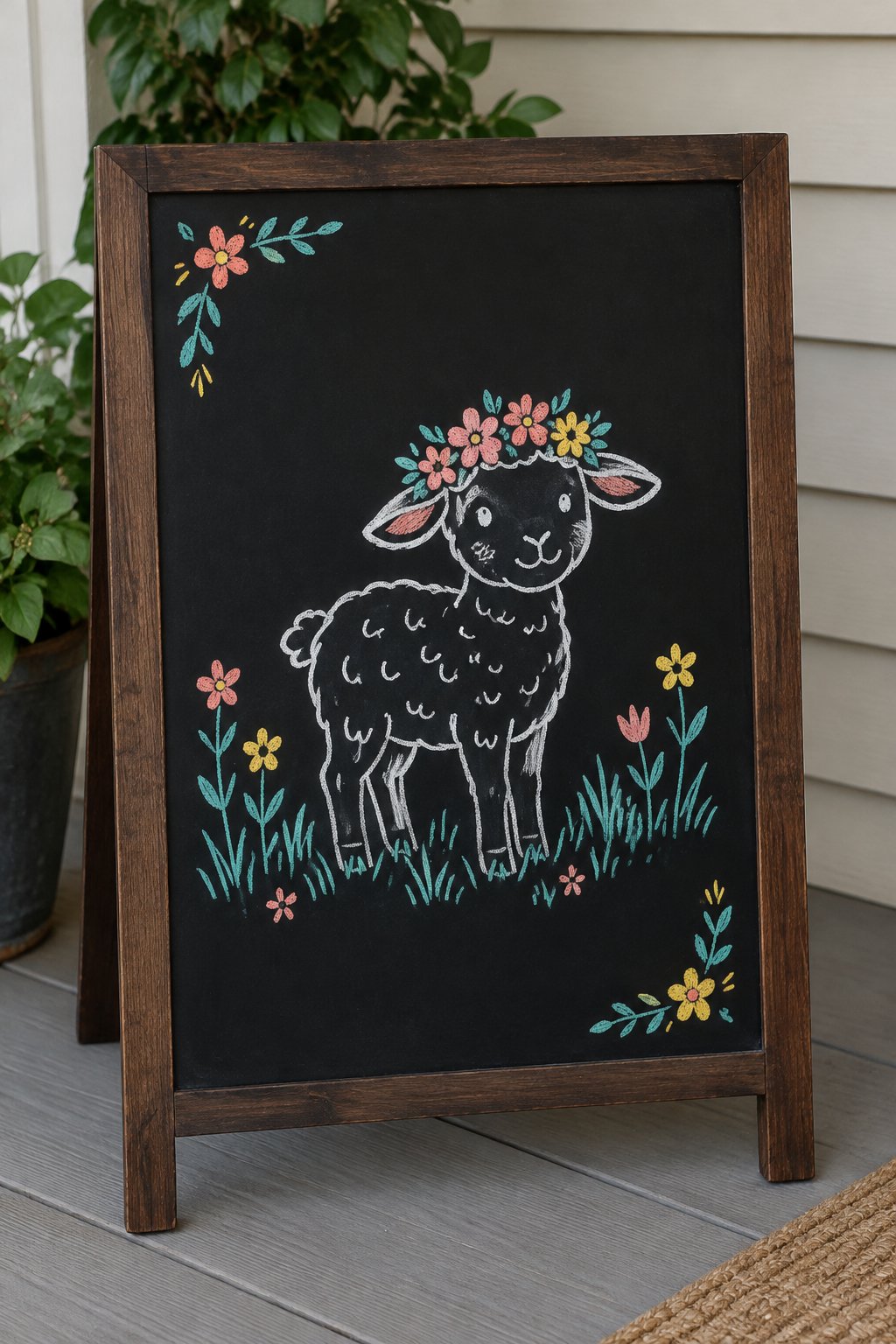 Little Lamb: a hand-drawn spring chalkboard sign drawn without words, a lamb wearing a flower crown in the grass.