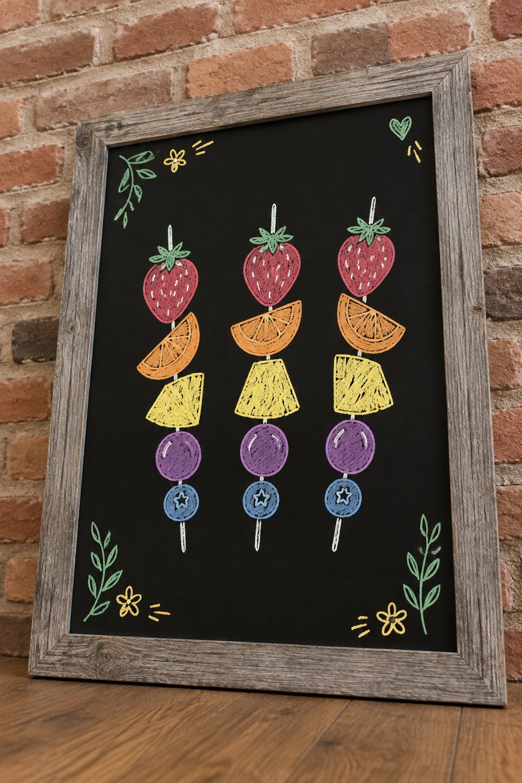 Rainbow Fruit Skewers: a hand-drawn stpatricks chalkboard sign drawn without words, three skewers of strawberry, orange, pineapple, grape and blueberry pieces lined up in rainbow order.