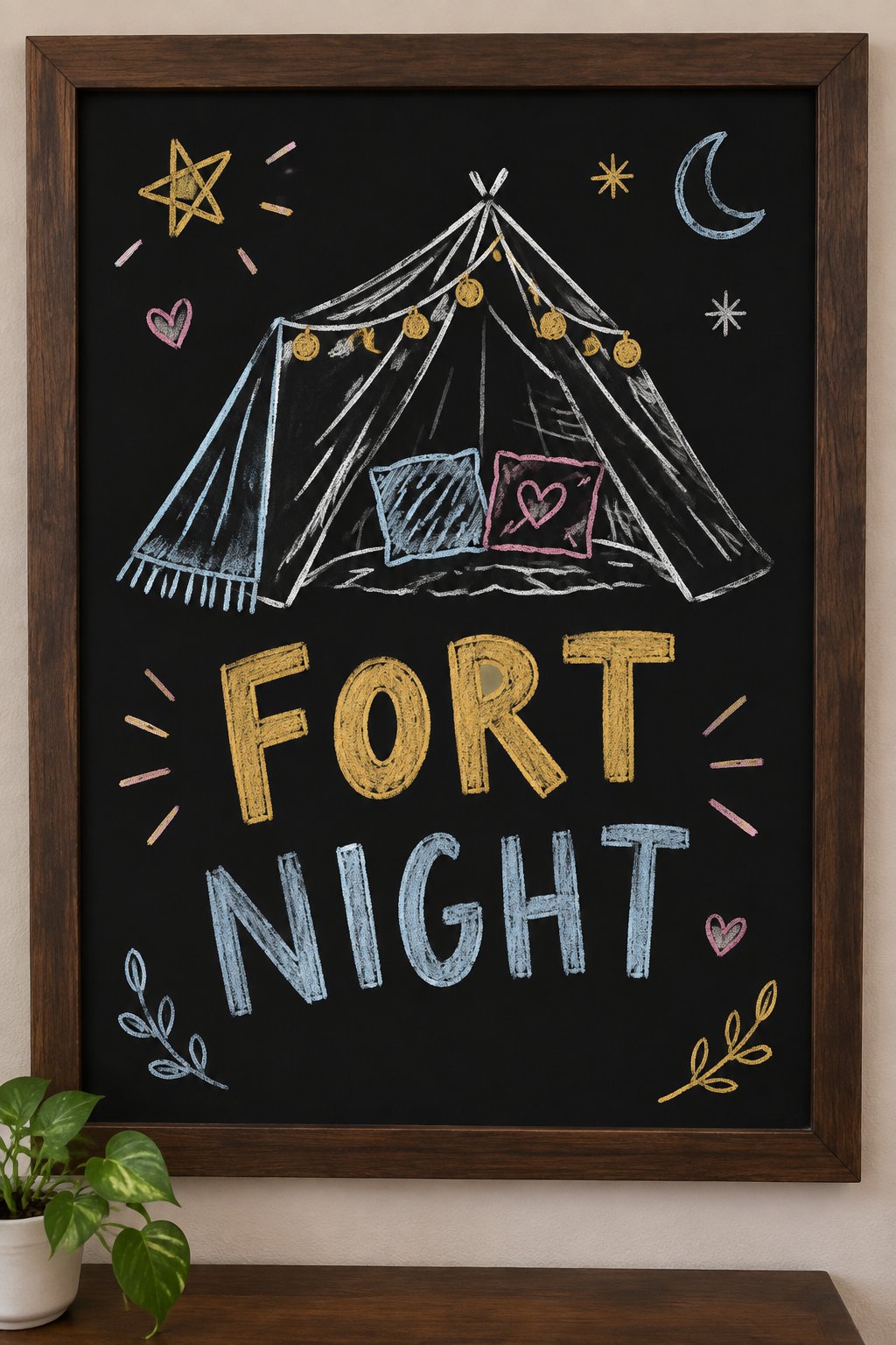 Blanket Fort: a hand-drawn newyear chalkboard sign reading "FORT NIGHT".