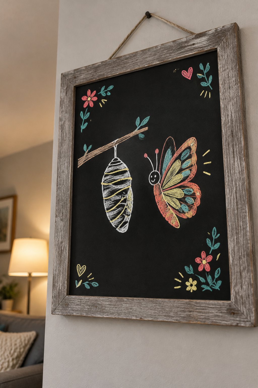 Butterfly Cocoon: a hand-drawn spring chalkboard sign drawn without words, a cocoon on a twig next to a butterfly just opening its wings.