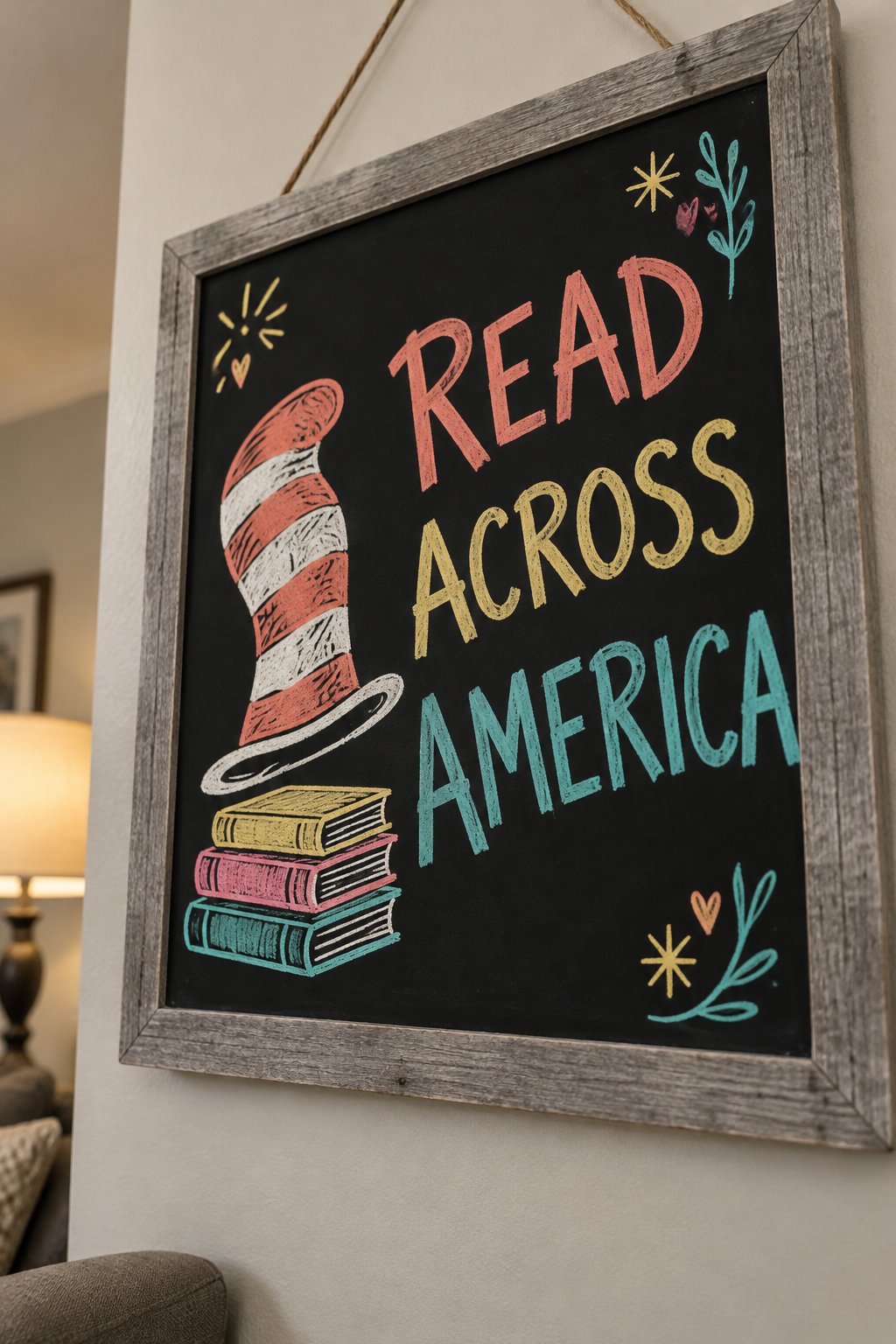 Dr. Seuss Day: a hand-drawn spring chalkboard sign reading "READ ACROSS AMERICA".