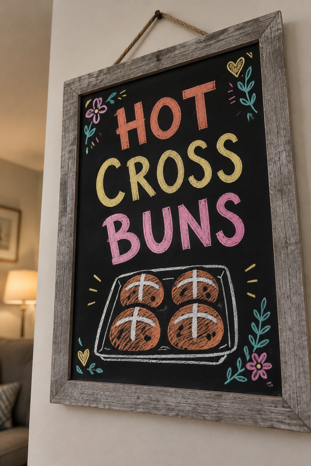 Hot Cross Buns: a hand-drawn spring chalkboard sign reading "HOT CROSS BUNS".