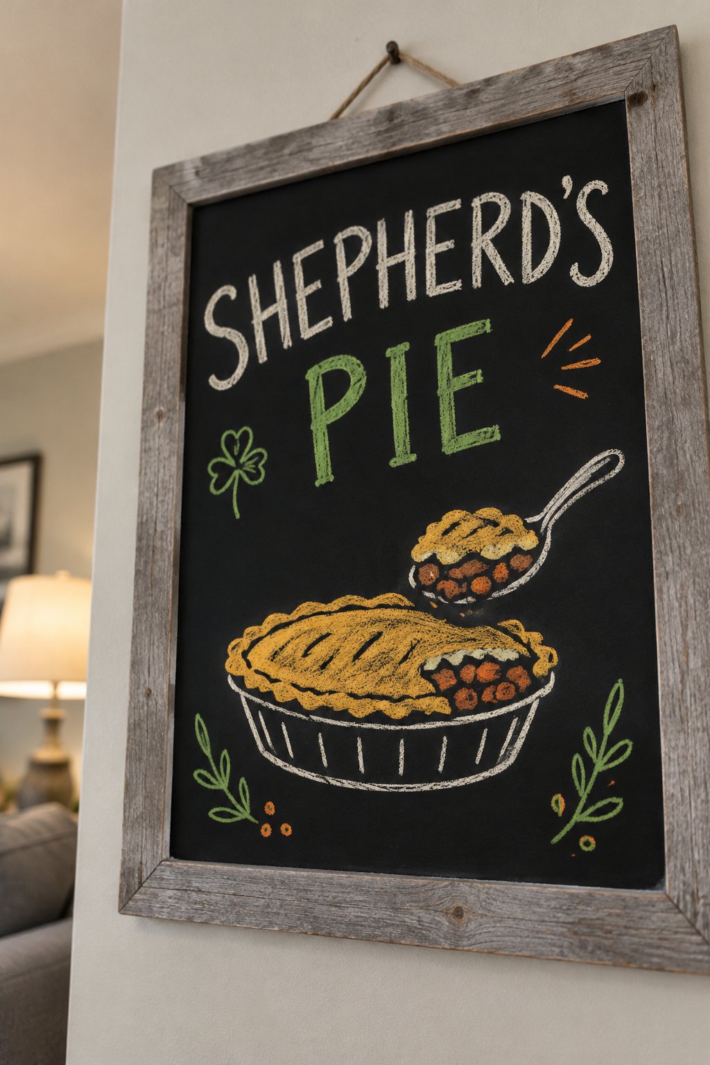 Shepherd's Pie: a hand-drawn stpatricks chalkboard sign reading "SHEPHERD’S PIE".