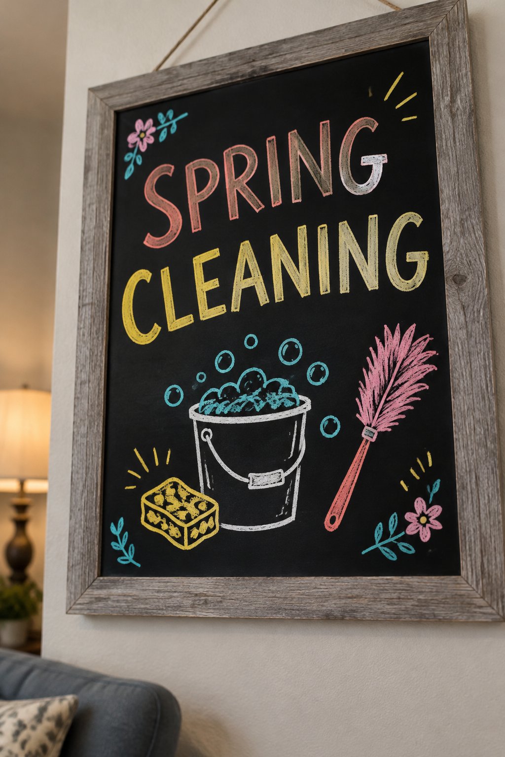 Spring Cleaning: a hand-drawn spring chalkboard sign reading "SPRING CLEANING".