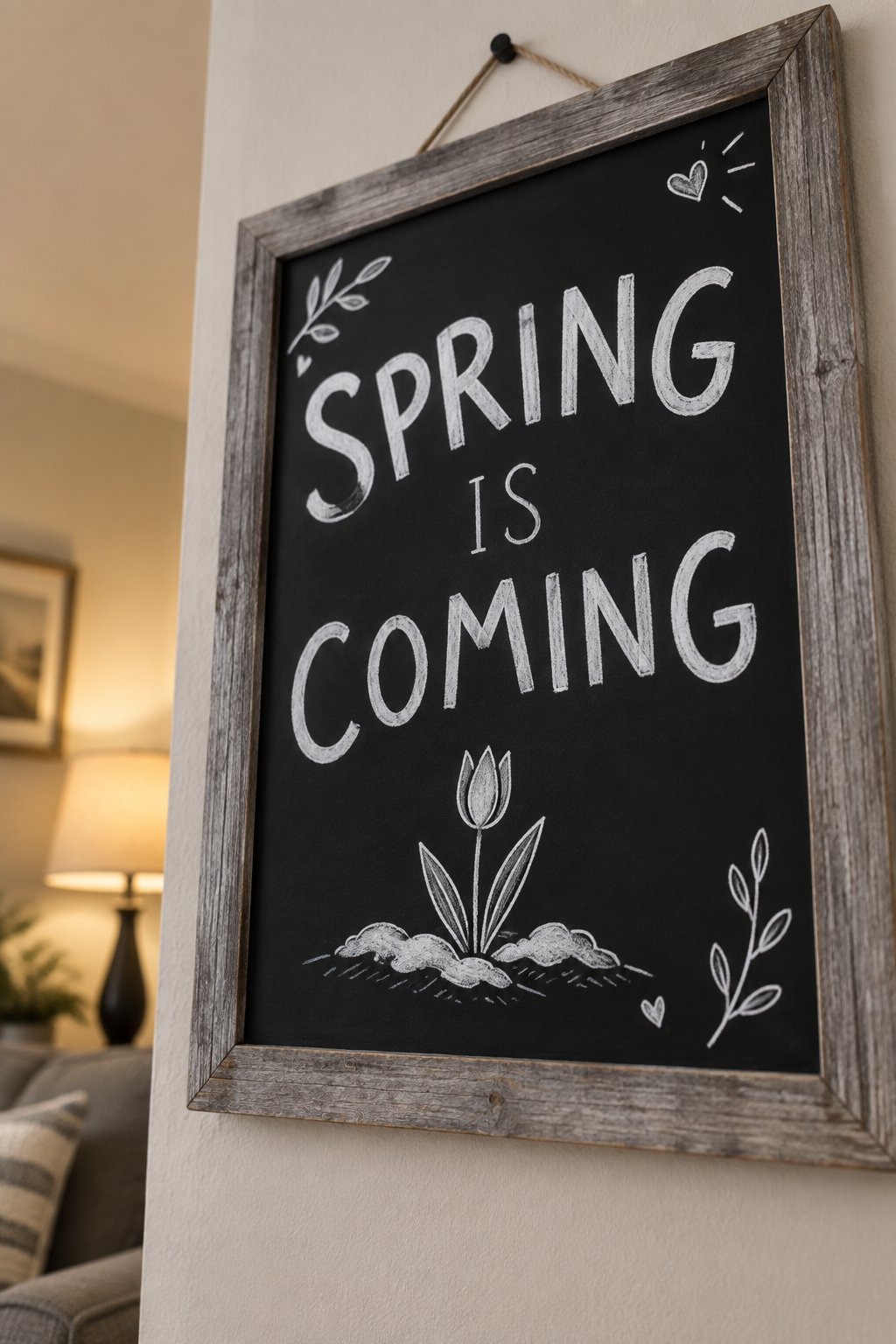 Spring Is Coming: a hand-drawn winter chalkboard sign reading "SPRING IS COMING".