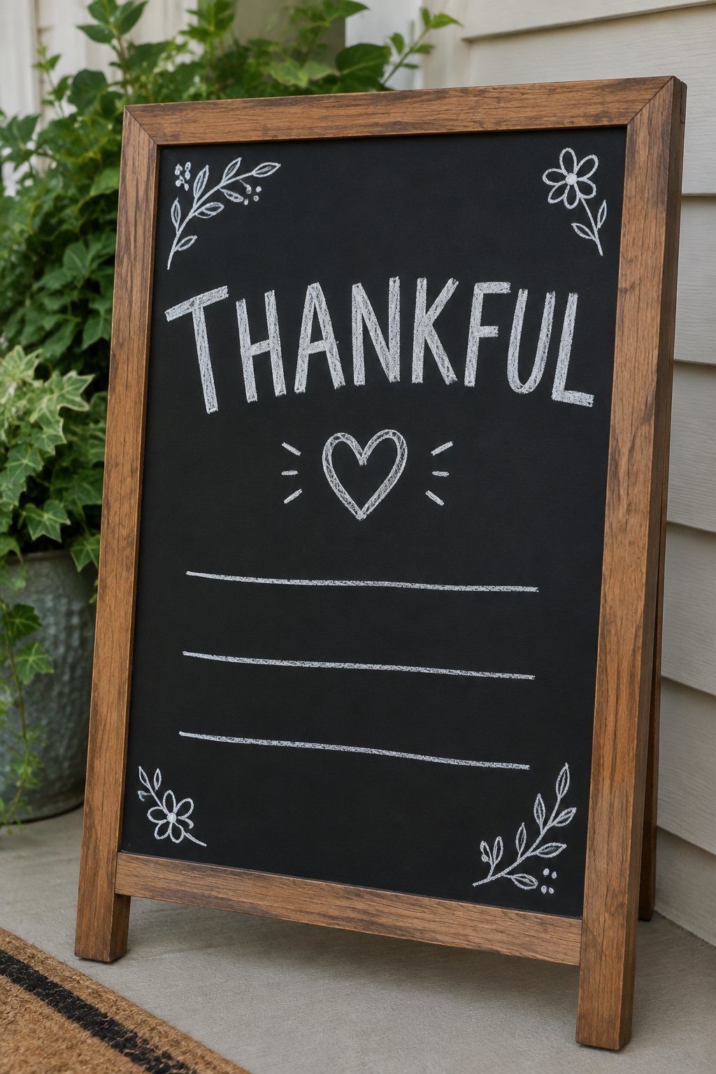 Thankful for Today: a hand-drawn winter chalkboard sign reading "THANKFUL".