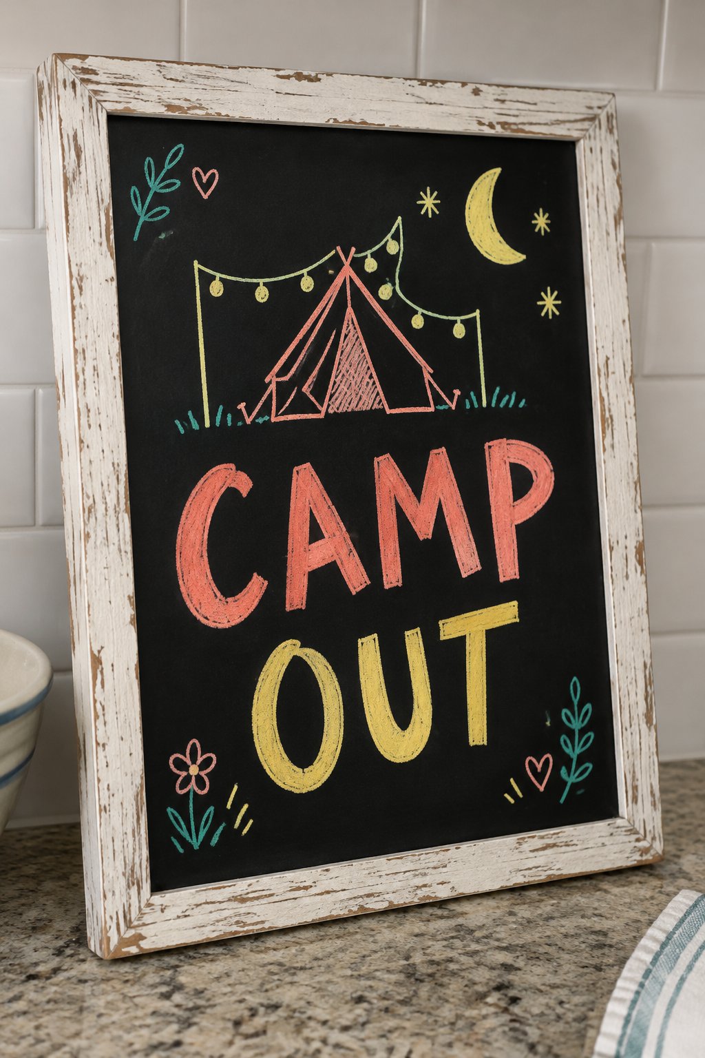 Backyard Campout: a hand-drawn spring chalkboard sign reading "CAMP OUT".