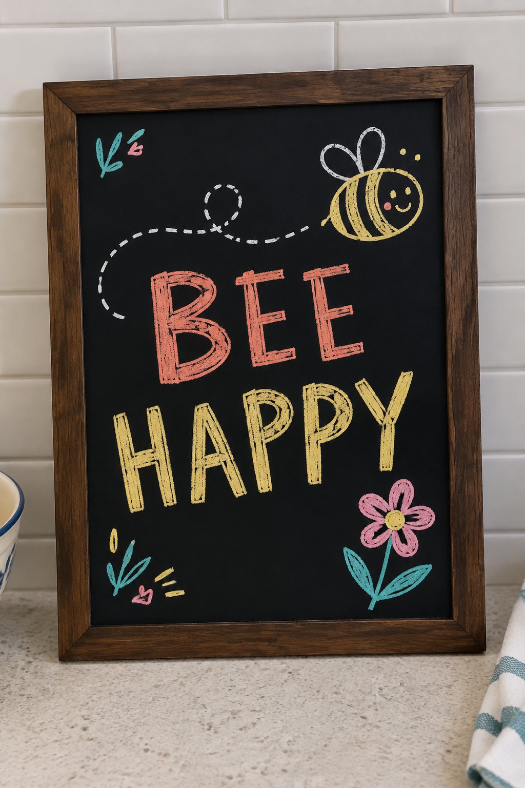 Bumblebee Buzz: a hand-drawn spring chalkboard sign reading "BEE HAPPY".