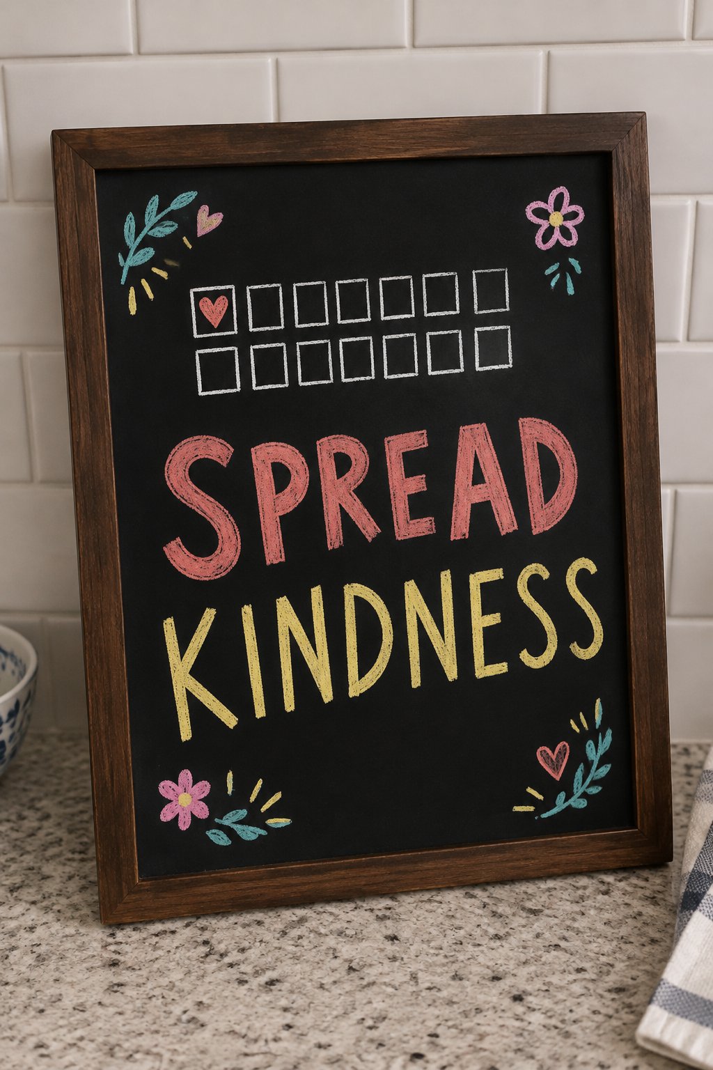 Kindness Calendar: a hand-drawn spring chalkboard sign reading "SPREAD KINDNESS".