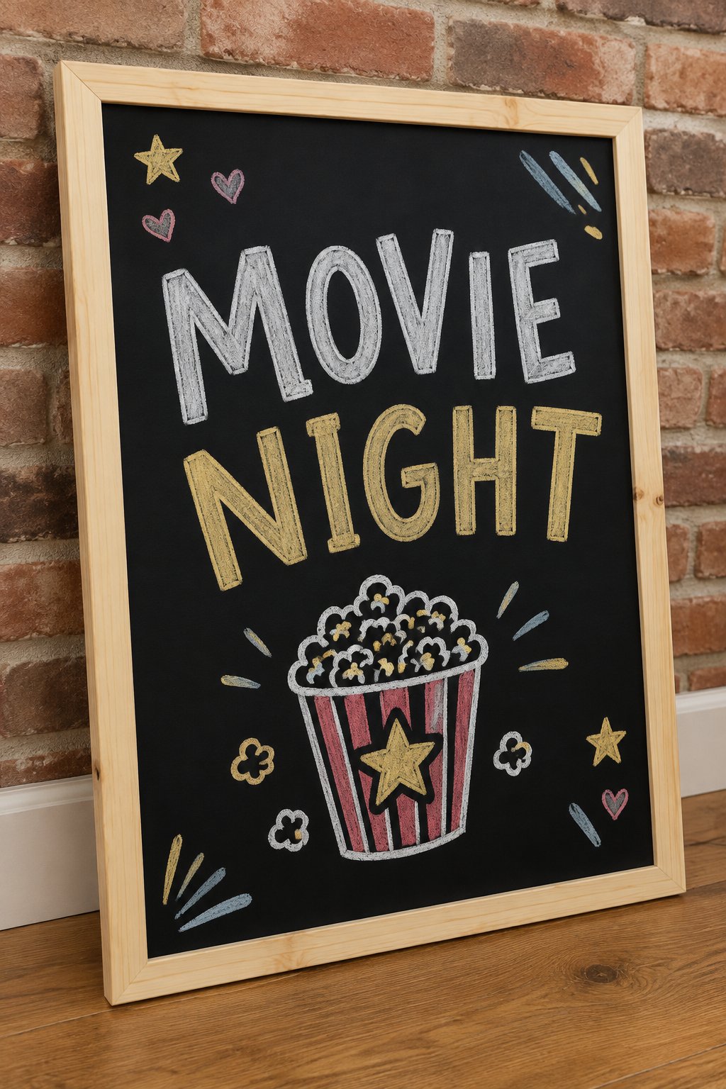 Movie Night: a hand-drawn newyear chalkboard sign reading "MOVIE NIGHT".