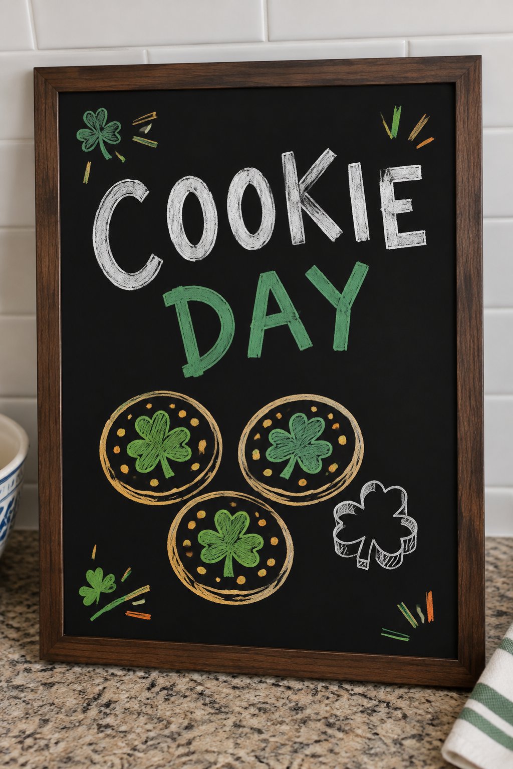 Shamrock Cookies: a hand-drawn stpatricks chalkboard sign reading "COOKIE DAY".