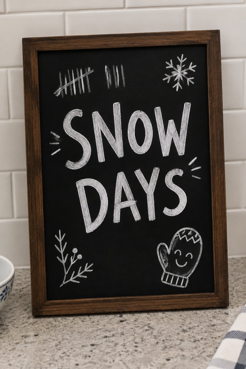 Snow Day Tally: a hand-drawn winter chalkboard sign reading "SNOW DAYS".