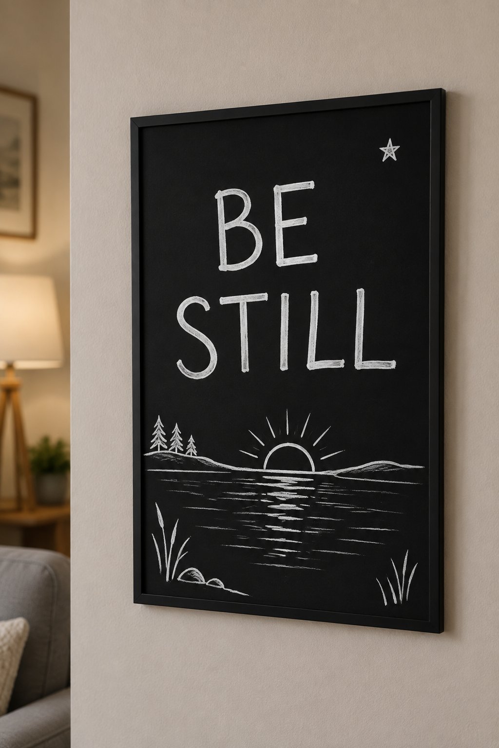 Be Still: a hand-drawn winter chalkboard sign reading "BE STILL".