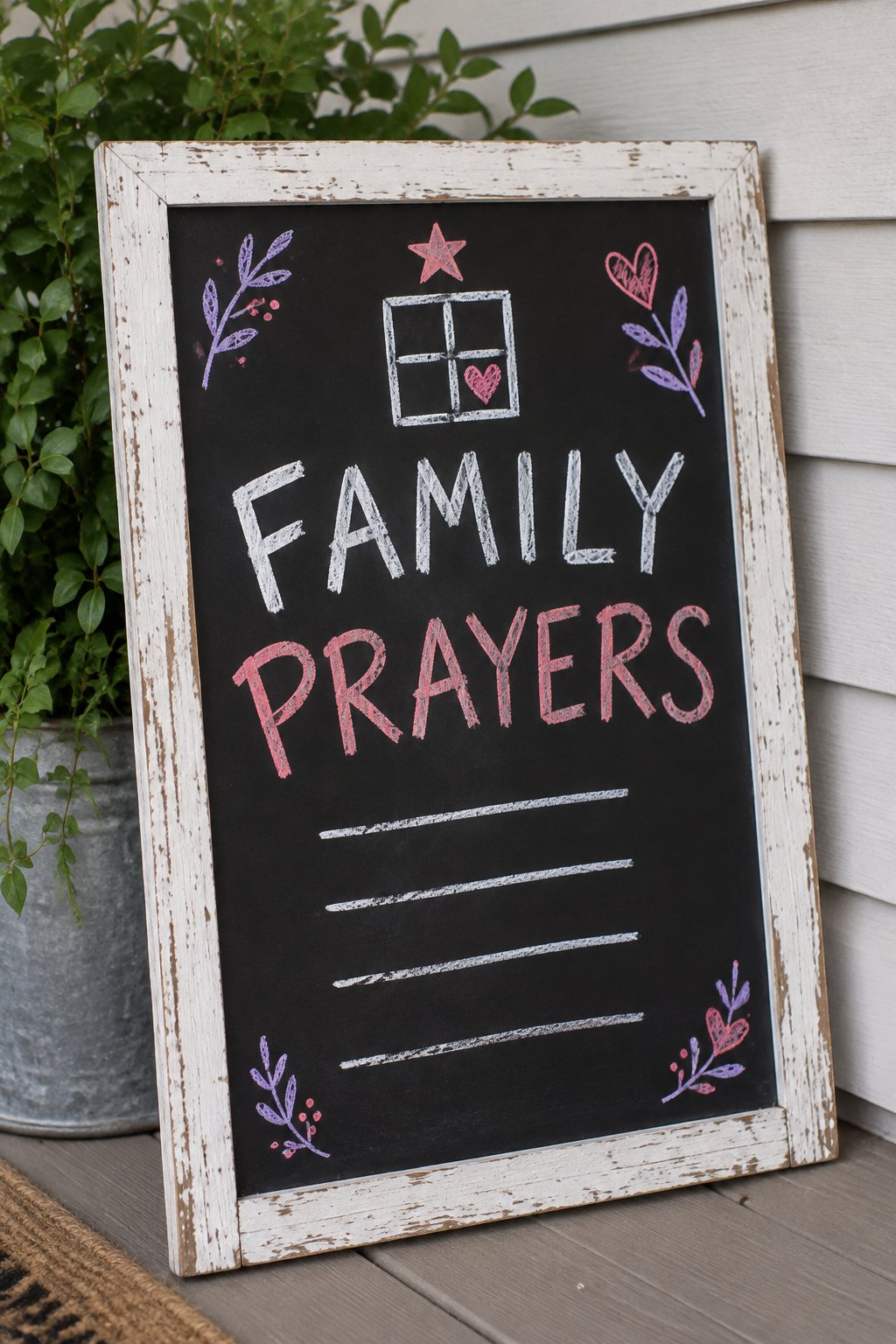Family Prayers: a hand-drawn valentines chalkboard sign reading "FAMILY PRAYERS".