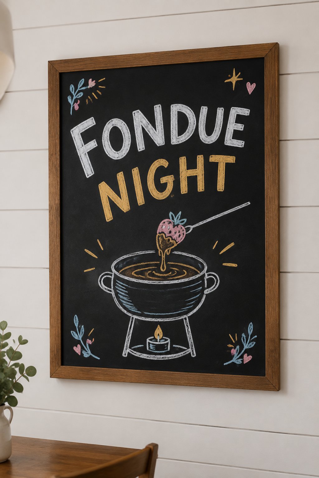 Fondue Fun: a hand-drawn newyear chalkboard sign reading "FONDUE NIGHT".