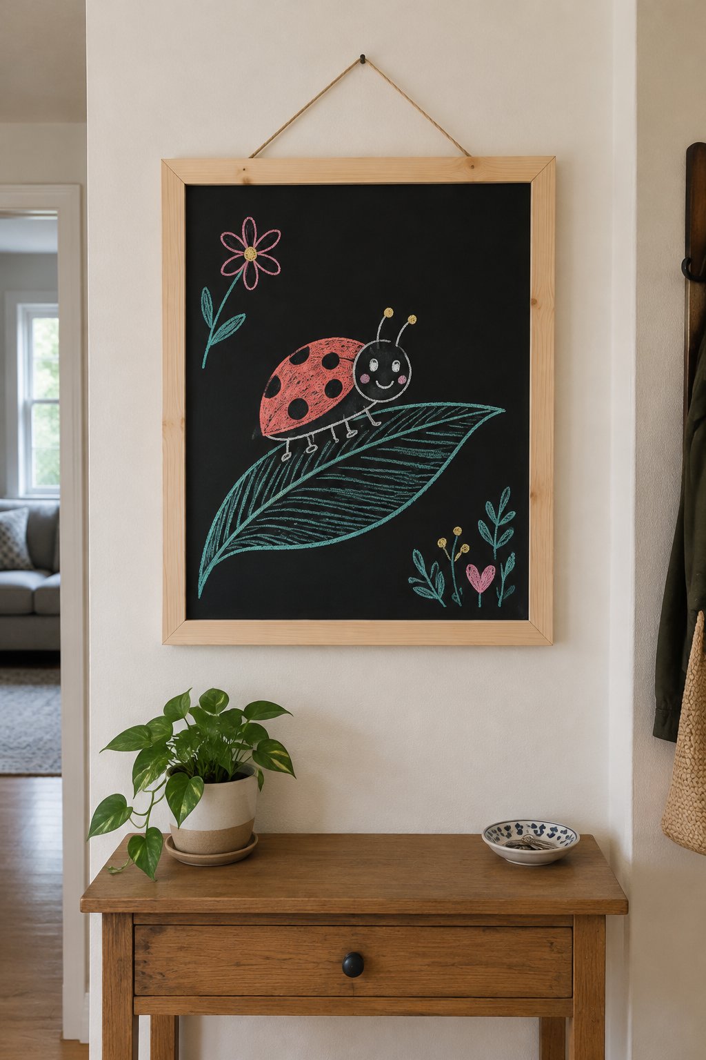 Ladybug Leaf: a hand-drawn spring chalkboard sign drawn without words, a ladybug walking on a big leaf.