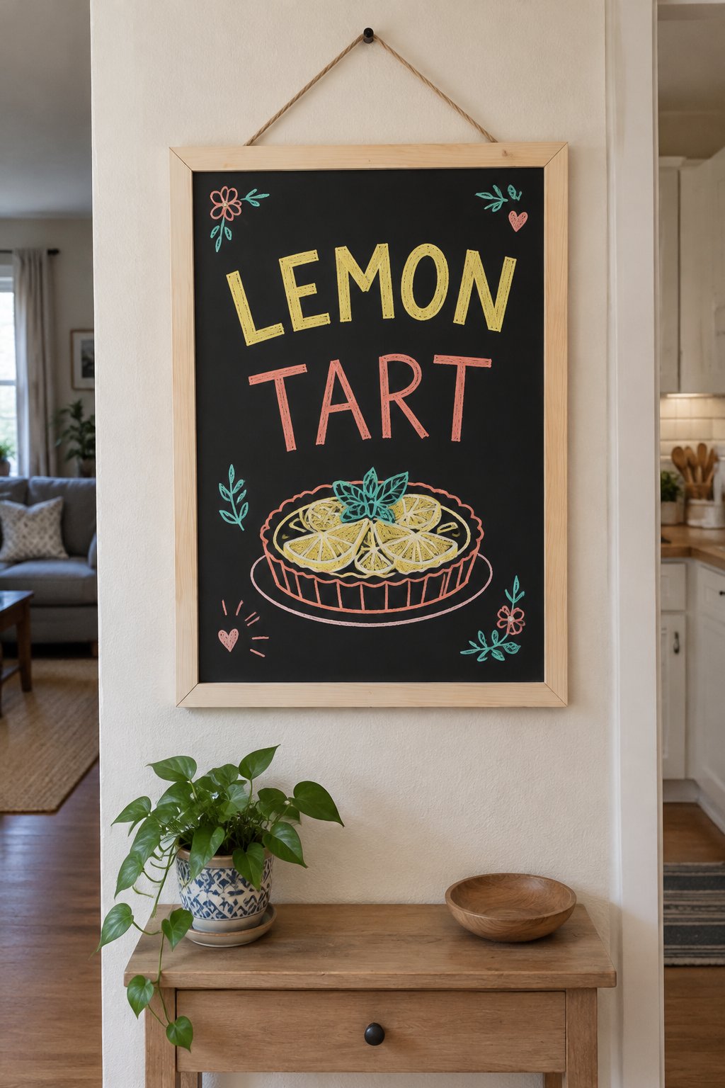 Lemon Tart: a hand-drawn spring chalkboard sign reading "LEMON TART".