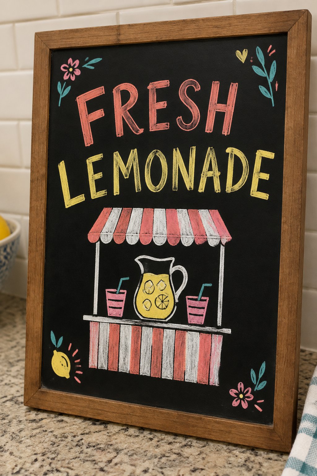 Lemonade Stand: a hand-drawn spring chalkboard sign reading "FRESH LEMONADE".