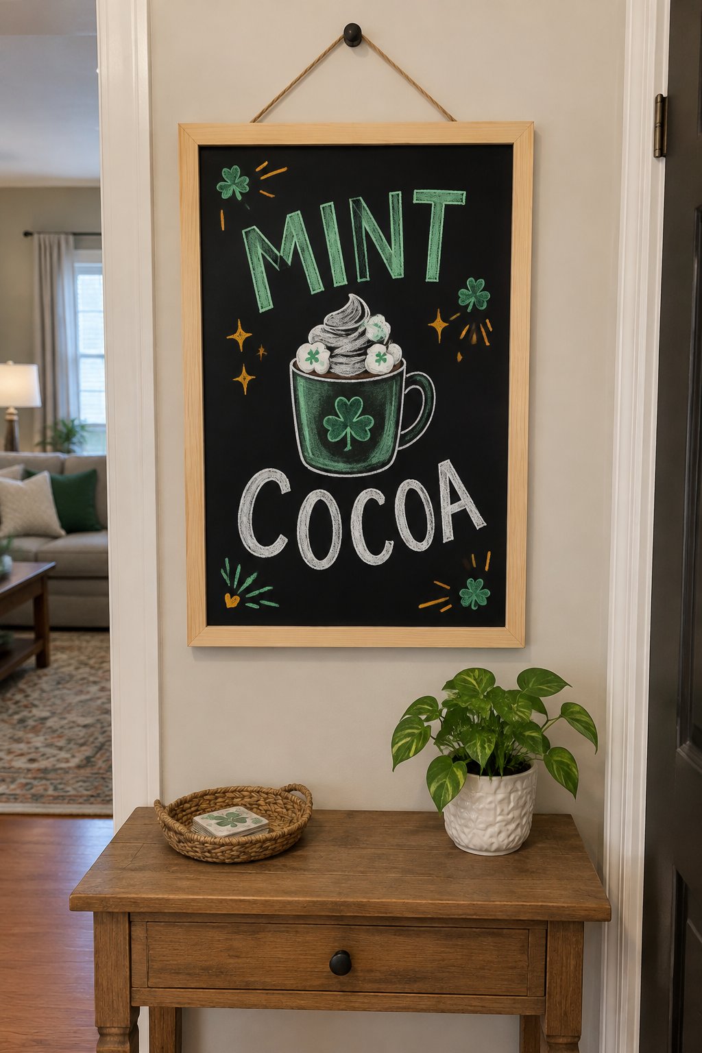 Mint Hot Cocoa: a hand-drawn stpatricks chalkboard sign reading "MINT COCOA".