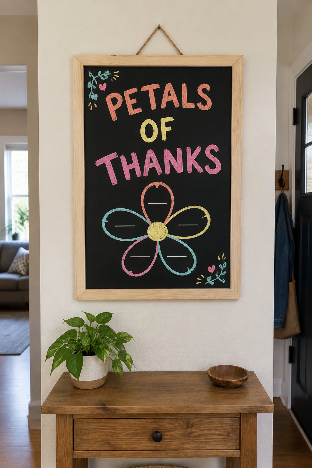 Petal Gratitude: a hand-drawn spring chalkboard sign reading "PETALS OF THANKS".