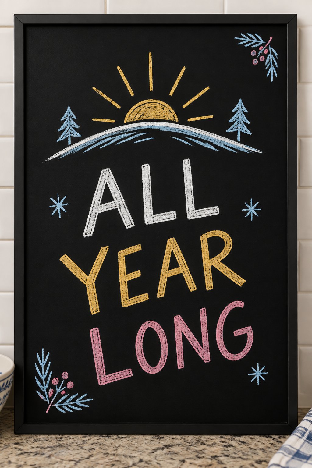 All Year Long: a hand-drawn newyear chalkboard sign reading "ALL YEAR LONG".