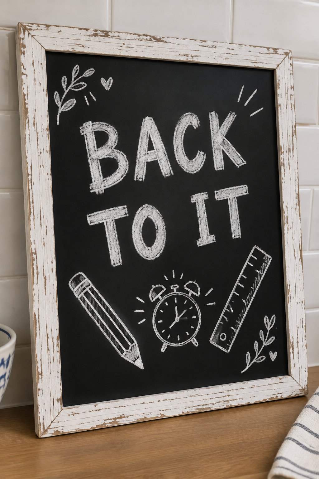 Back to It: a hand-drawn winter chalkboard sign reading "BACK TO IT".