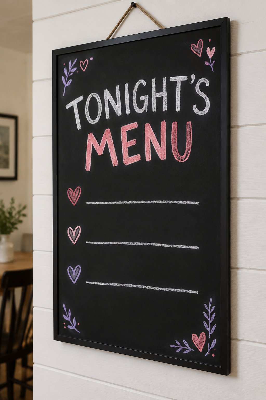 Family Dinner Menu: a hand-drawn valentines chalkboard sign reading "TONIGHT'S MENU".