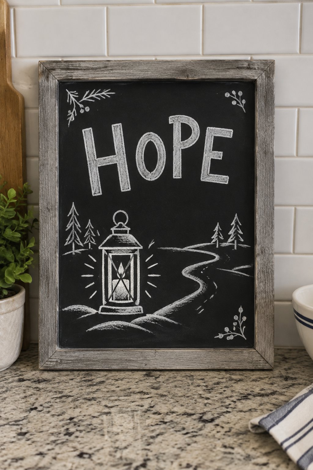 Hope Is Here: a hand-drawn winter chalkboard sign reading "HOPE".