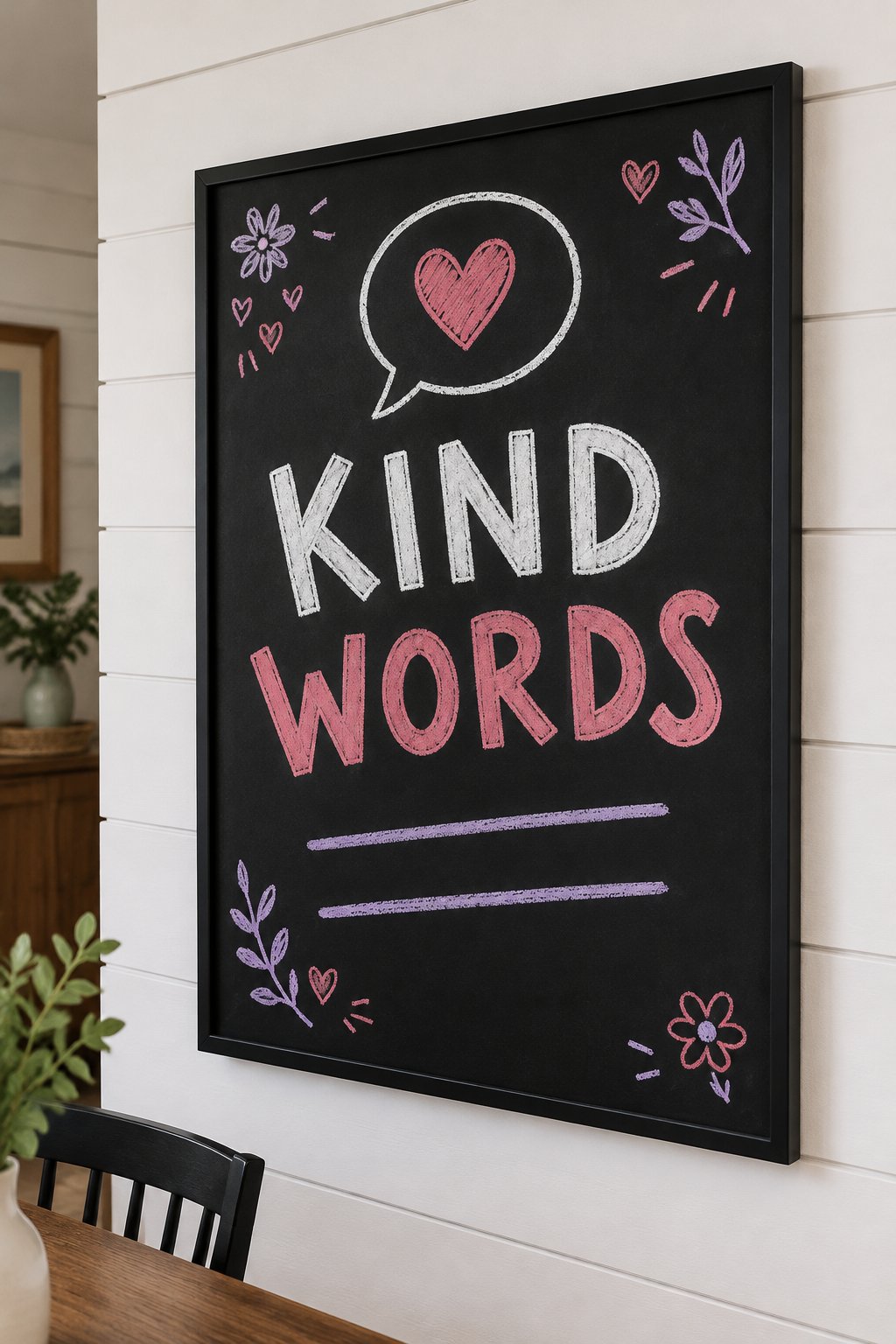 Kind Words: a hand-drawn valentines chalkboard sign reading "KIND WORDS".