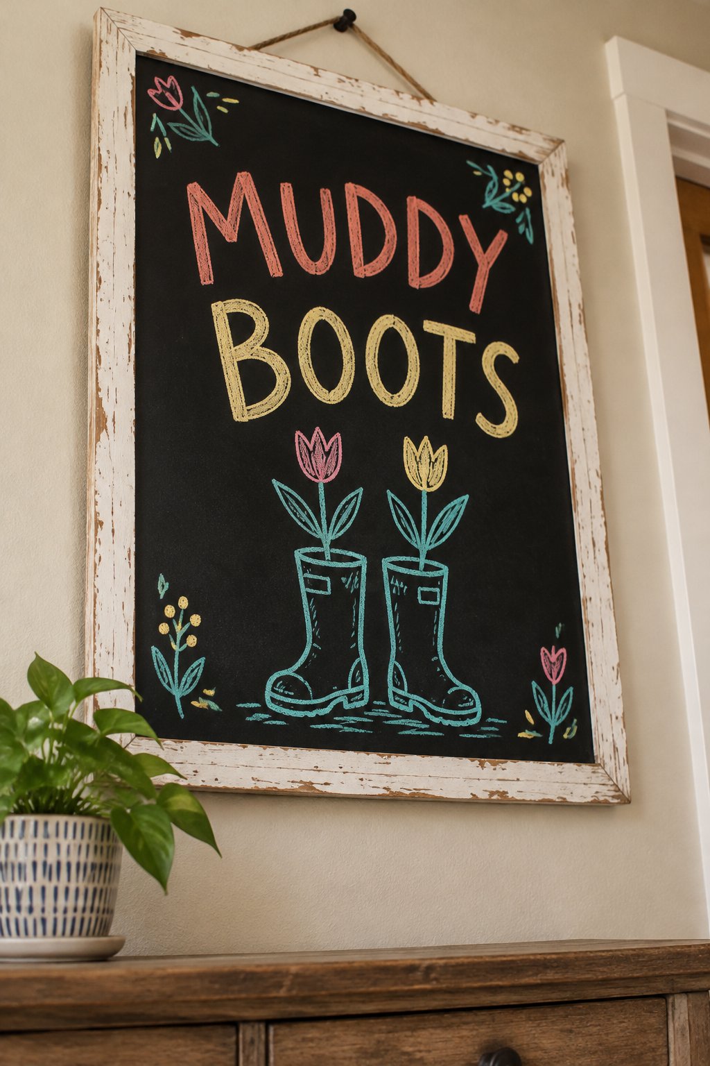 Muddy Boots: a hand-drawn spring chalkboard sign reading "MUDDY BOOTS".